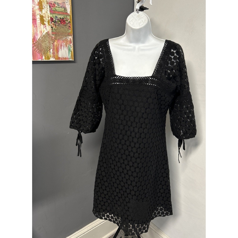 SOLITAIRE Women's Medium Black Sheer Mini Dress Square Neck Boho Coquette Witchy